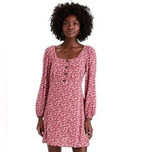 🌺AEO RED WHITE LONG SLEEVE SQUARE NECK BUTTON FRONT FLORAL MINI DRESS